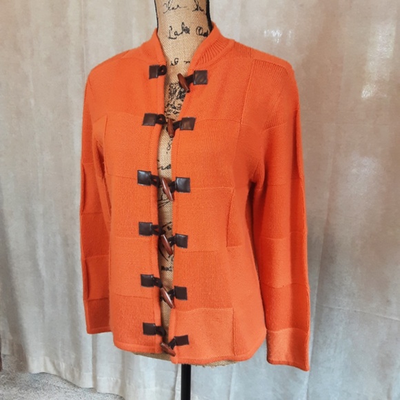 Pumpkin Orange Acrylic Button Cardigan Wood Leather Buttons Size S - Picture 2 of 10